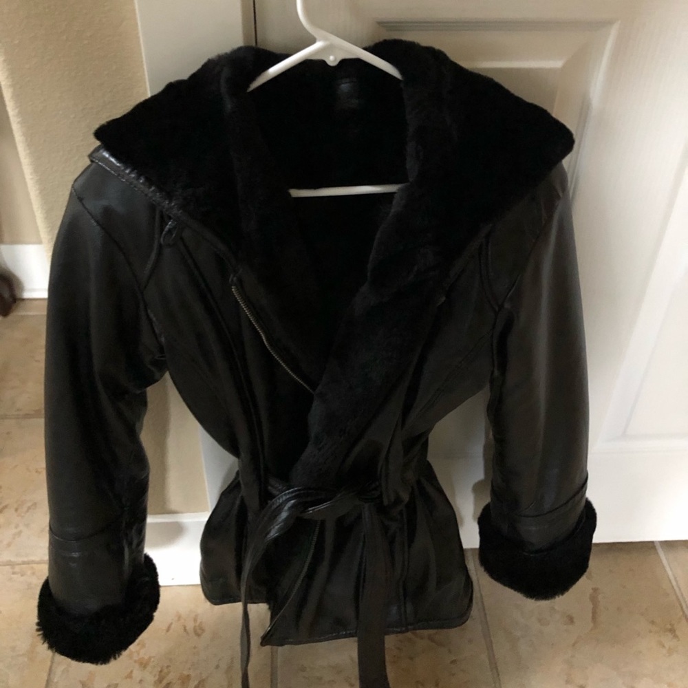 New black leather jacket with hood and fur inside